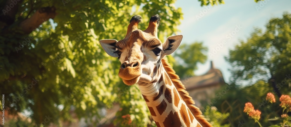 Poster photography of a giraffe at the zoo in vienna on a clear day. website header. creative banner. copys