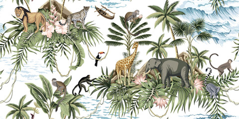 African elephant, lion, giraffe, leopard, monkey, lemur, toucan, palms, banana trees, palm leaves, sea wave, hibiscus flower pattern. Tropical island wallpaper. - 690230147