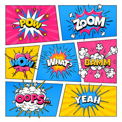 Comic sound effects in frames. Cartoon comic book page, grid frame, cloud and explosion with text. Color style with speech bubble, pow, zoom, wow sounds. Vector layout