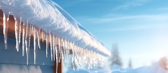 Ice dam in gutter and ice frozen on roof in winter focus on icicles in foreground. Website header. Creative Banner. Copyspace image - obrazy, fototapety, plakaty
