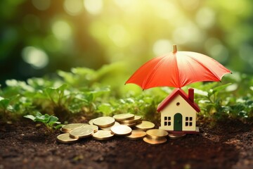 Mortgage protection or renter home insurance. Miniature house model and coins with red umbrella in sunlight (AI Generator)
