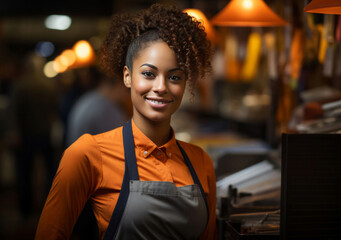 Fototapeta premium Happy woman, cashier and portrait with smile for management, small business or restaurant. Positive, confident and proud for retail, grocery store and service industry with cash register and counter.