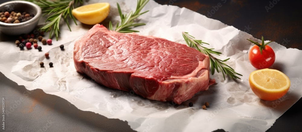 Poster Raw beef ribeye steak on a baking paper ready to cook. Website header. Creative Banner. Copyspace image