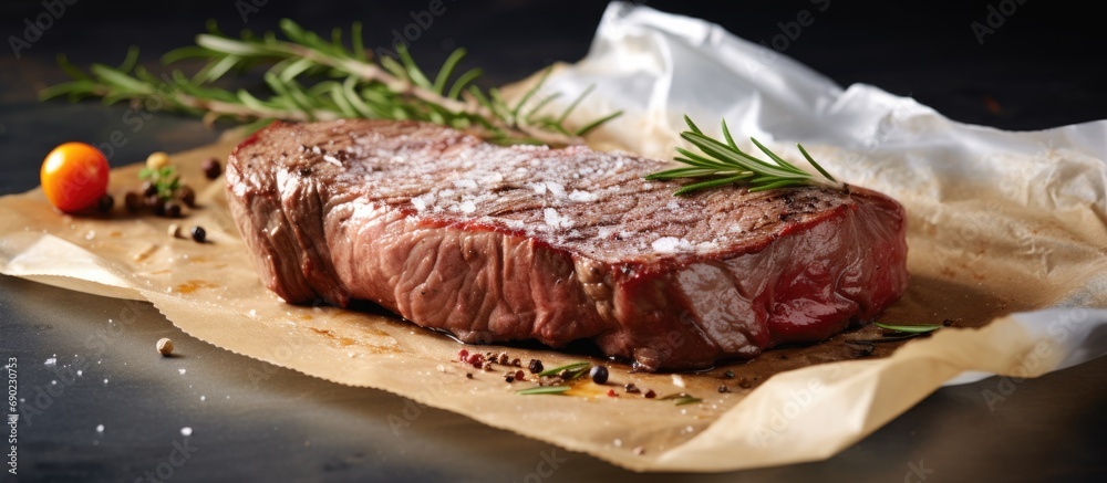 Poster Raw beef ribeye steak on a baking paper ready to cook. Website header. Creative Banner. Copyspace image