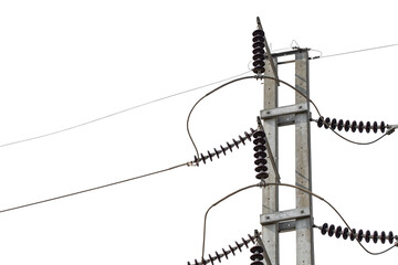 High Electric pole isolated on transparent background. Concrete power lines, Electric power transmission. Utility pole Electricity concept. High voltage tower wires, copy space - obrazy, fototapety, plakaty
