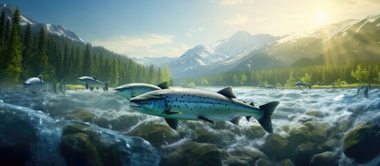 Farm salmon fishing in Norway Norway is the biggest producer of farmed salmon in the world with more than one million tonnes produced each year. Website header. Creative Banner. Copyspace image - obrazy, fototapety, plakaty
