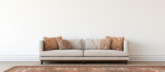 Patterned carpet at living room interior design with sofa against white wall. Website header. Creative Banner. Copyspace image