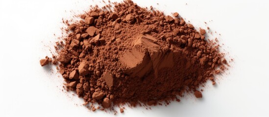 pile of cocoa powder isolated on white background Top view Flat lay. Website header. Creative Banner. Copyspace image