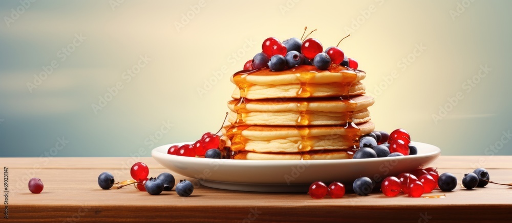 Poster pile of pancakes with red currants blueberries and honey on a grey plate with fork. website header. 