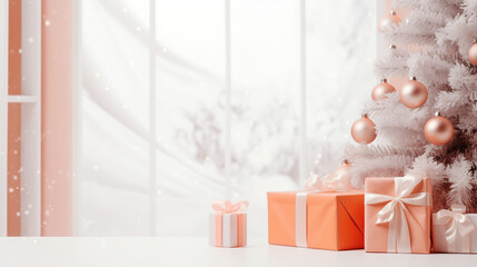Wall mockup with new year decoration in peachy color, blank empty wall and christmas interior
