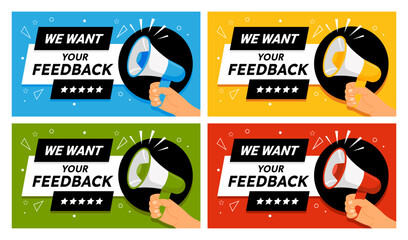 We want your feedback. Banner with hand holding megaphone. Marketing advertisement speech signs. Customers leaving their feedbacks. Vector template - obrazy, fototapety, plakaty