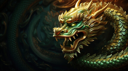 Obraz premium Traditional green with gold chinese dragon with copy space. New Year of the Dragon 2024