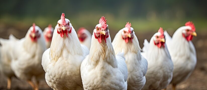 group of white free range chicken broilers. Website header. Creative Banner. Copyspace image