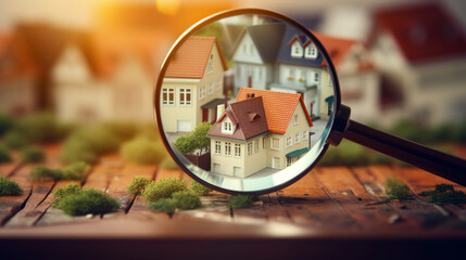 Magnifying glass focused on residential building, Symbolizing search for new house in rental housing market, AI Generated - obrazy, fototapety, plakaty