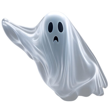 A close-up image of a ghost. A translucent scary ghost floats in the air. 