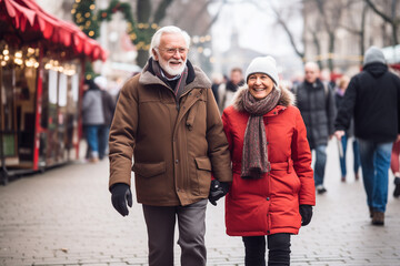 Elderly couple walks Christmas market