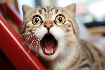 Surprised cat with open mouth. Advertising banner, funny pet