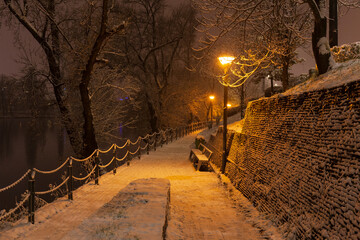 Night snowy Nature with Trees around River Vltava, Holesovice, the most cool Prague District, Czech...