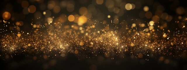 Glistening golden particles with a bokeh effect against a dark backdrop, symbolizing celebration and luxury, advertisements, as a background for special event announcements, invitations, New Year - obrazy, fototapety, plakaty