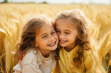 Cute Twin Girls Sharing Joyful Moments, Cheek to Cheek, Smiling Happily in a Summer Meadow: Portraying Happiness and Friendship