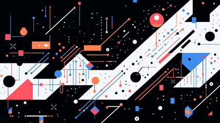 Colorful abstract background with geometric shapes, lines, circles, dots. Memphis style