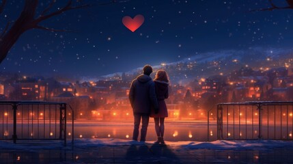 Beautiful couple in love, Congratulations on February 14, romantic setting, in the night city