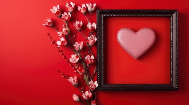 Photo frame on a red background for February 14 or March 8, World Women's Day, festive setting, empty space for text.
