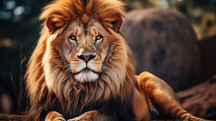 Majestic lion sitting in wild, AI Generated