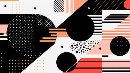 Abstract background with geometric shapes, lines, circles, dots. Memphis style. Swiss aesthetic