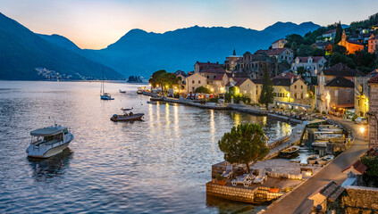 Historic city of Perast in the Bay of Kotor in summer, Montenegro. Evening panoramic view. The Bay...