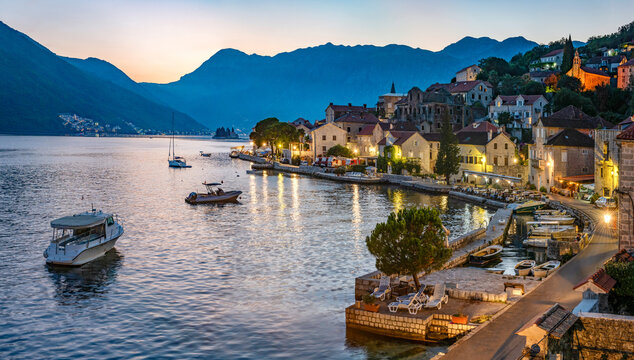 Historic city of Perast in the Bay of Kotor in summer, Montenegro. Evening panoramic view. The Bay of Kotor is the beautiful place on the Adriatic Sea. Perast, Kotor bay, Montenegro.
