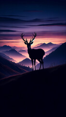 An image in a 9_16 ratio suitable for a mobile wallpaper, illustrating a mountain landscape with silhouetted deer at dusk. 