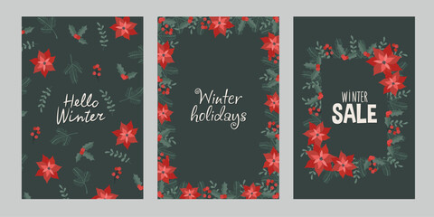 Set of greeting cards. Postcards with winter flowers and twigs. Hello winter.  New Year cards. A set of postcards on Christmas and New Year themes. 