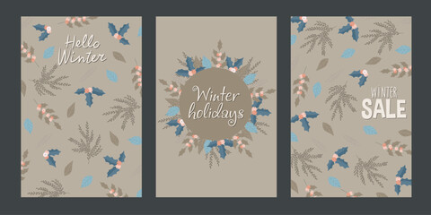 Fototapeta na wymiar Set of greeting cards. Postcards with winter flowers and twigs. Hello winter. New Year cards. A set of postcards on Christmas and New Year themes. 