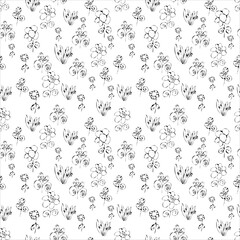 Seamless nature pattern with black and white hand drawn flowers of different sizes. Vector illustration.