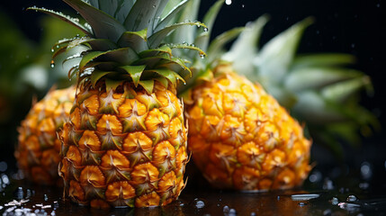 Fresh pineapple fruit with water droplets on branch in soft dreamy bright atmosphere. Natural fruits surface.