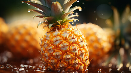 Fresh pineapple fruit with water droplets on branch in soft dreamy bright atmosphere. Natural fruits surface.