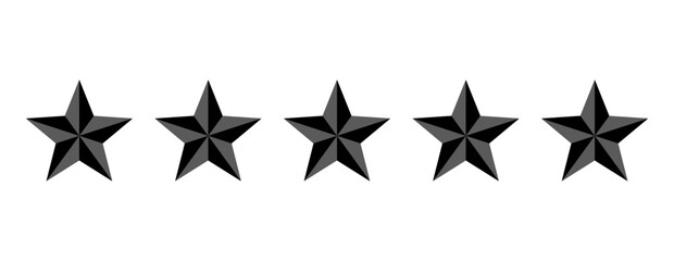 Five black stars with 3d effect for rating reviews