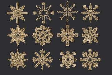 Set Golden snowflake crystal elegant line christmas decoration on dark background, collection winter ornament frozen element.