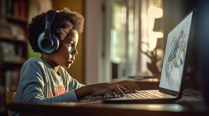 Happy smiles as an Afro-American boy joyfully works on a computer, headphones on, showcasing youthful enthusiasm in learning