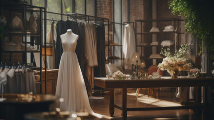 Beautiful white wedding dress, Designer boutique interior, AI Generated