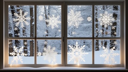 Winter window decorated with Christmas decorations and snowflakes