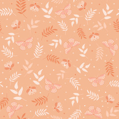 peach fuzz butterfly and firefly botanical seamless pattern. botanical garden background. good for fabric, fashion design, summer dress, wallpaper, pajama, background.
