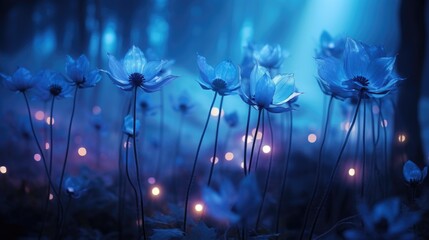 Wild poppies illuminated by the dramatic blue moonlight  and fireflies in the night