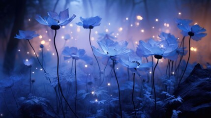 Wild poppies illuminated by the dramatic blue moonlight  and fireflies in the night