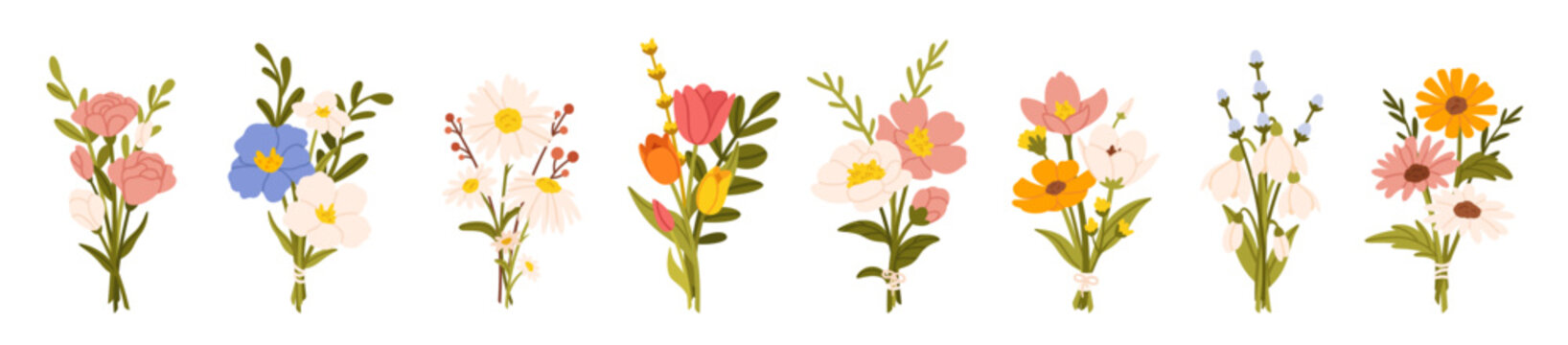 Flower bouquets. Garden blossoming flowers with stem and leaves, floral bouquet. Various cartoon romantic flowering plant for Woman and Mother day. Vector set