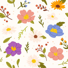 Fototapeta na wymiar Spring flower seamless pattern. Cute wildflowers and yellow, red and blue daisy and chamomile summer flowers with greenery. Vector wallpaper and wrapping floral texture