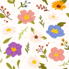 Stof per meter Spring flower seamless pattern. Cute wildflowers and yellow, red and blue daisy and chamomile summer flowers with greenery. Vector wallpaper and wrapping floral texture © Foxy Fox