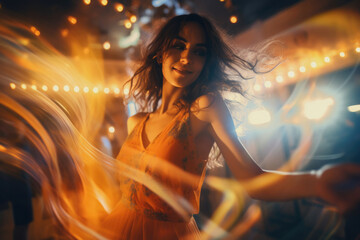 A woman with a flowing hair dancing in the nightclub with blurred ambience and nigh bokeh in the...