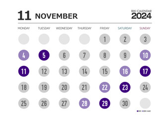 葬儀関係に必須の2024年11月の友引カレンダー 月曜始まり